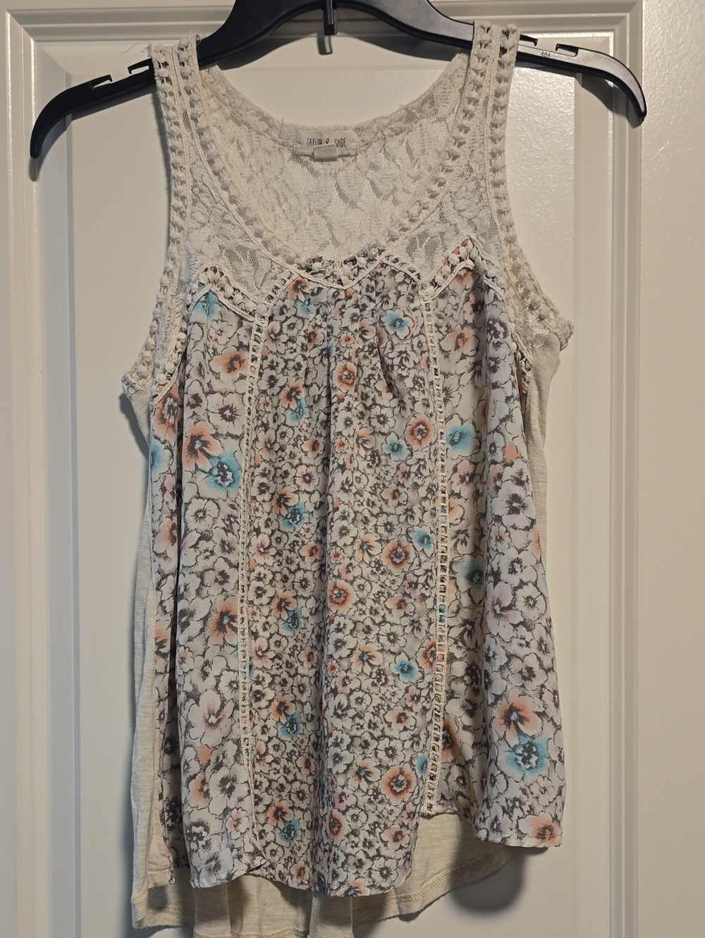 Taylor & Sage Cream Tank Top with Coral & Light Blue Floral Print